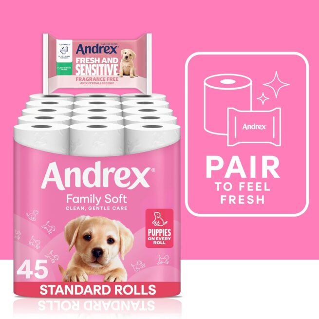 Andrex Family Soft Toilet Tissue 45 Rolls (Previously Andrex Gentle Clean) Gentle on your Family’s skin– Bulk Pack of 45 Toilet Rolls, FSC Certified
